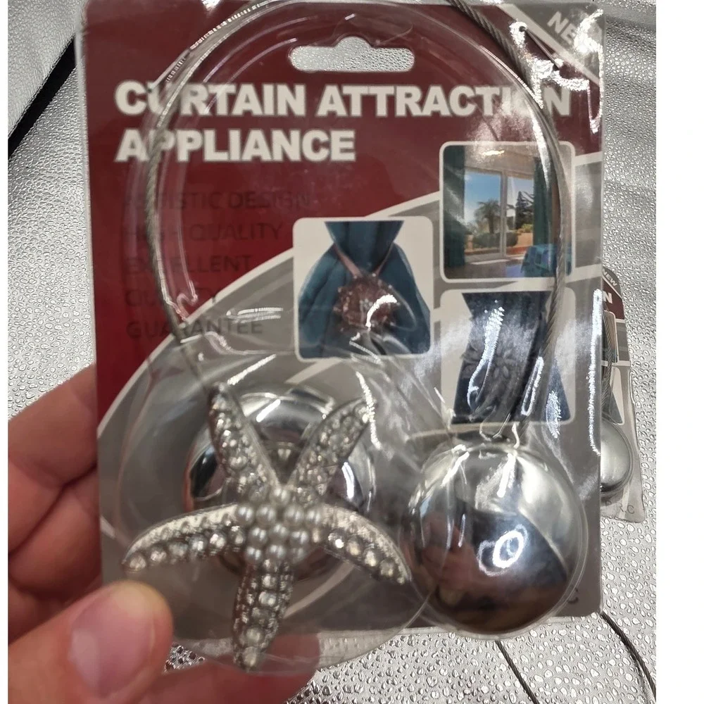 Magnetic Starfish Curtain Tiebacks Set of 3 Silver Rhinestone Pearl Beach O1